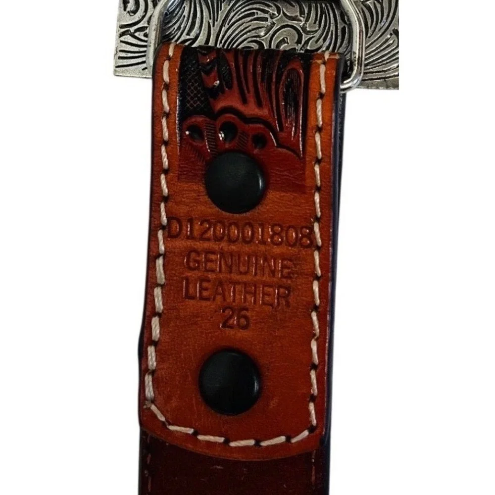 3D Belt Youth 26 Brown Tooled Leather Praying Cowboy Buckle Western Rodeo Faith